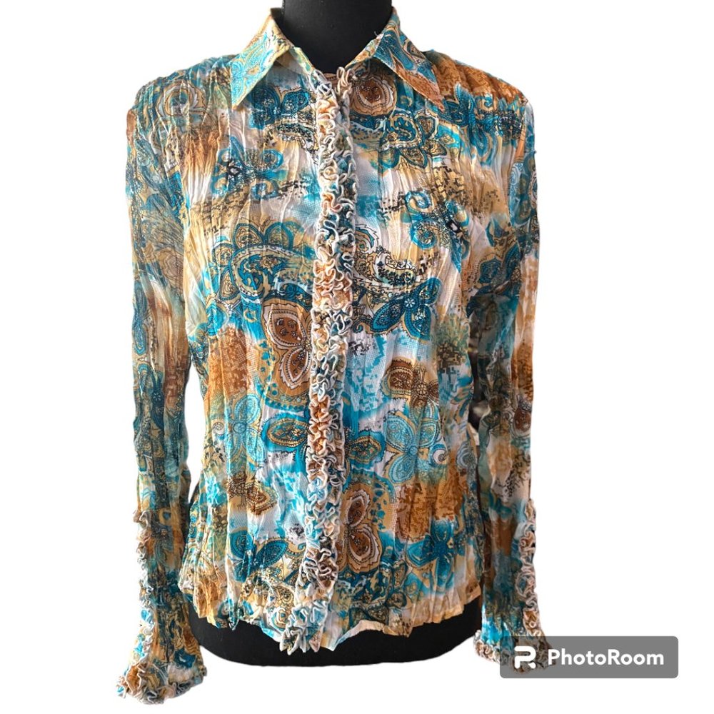 Milano Vintage Women's Paisley Crinkle Ruffle Button Down Blouse sz S